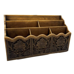 Lerner Faux Carved Wood 6-Slot Desktop Organizer Mail Letter Caddy Brown Boho